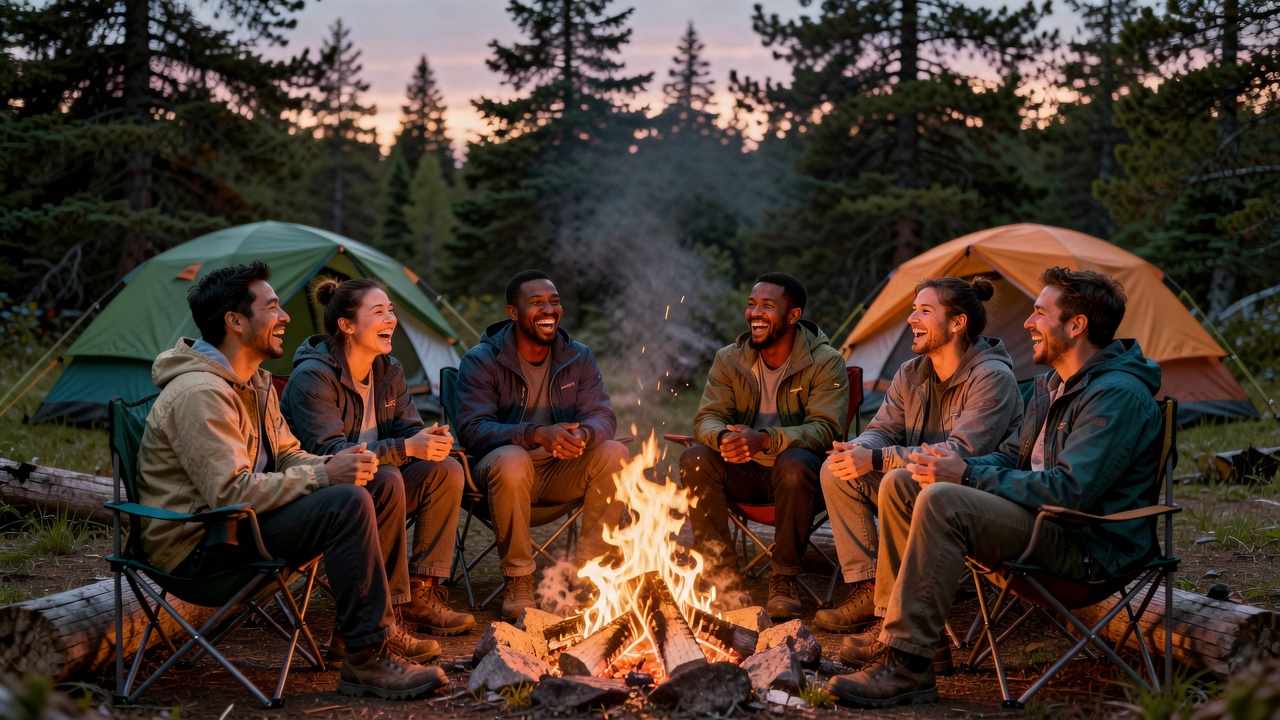 Friends around campfire