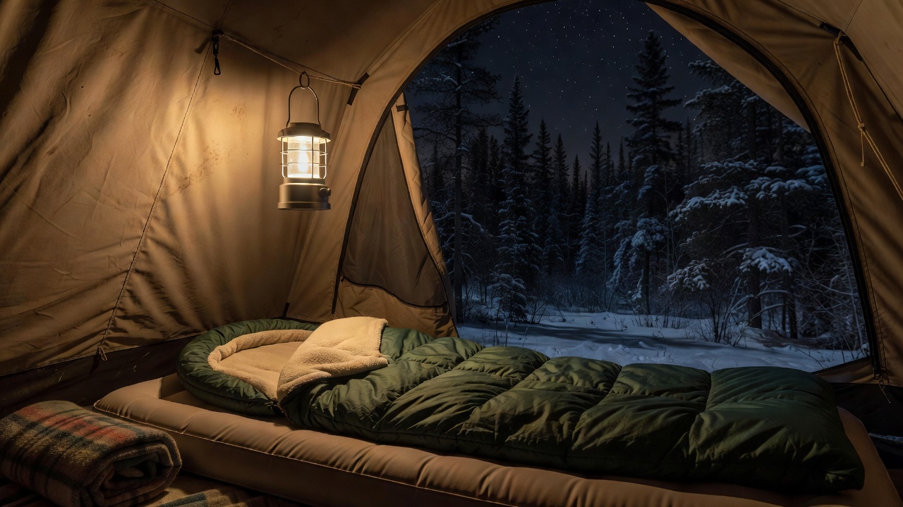 An LED lantern glowing inside a tent at night